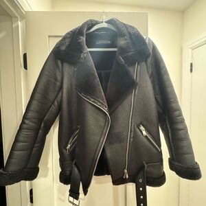 Zara Black Coat with Shearling Trim